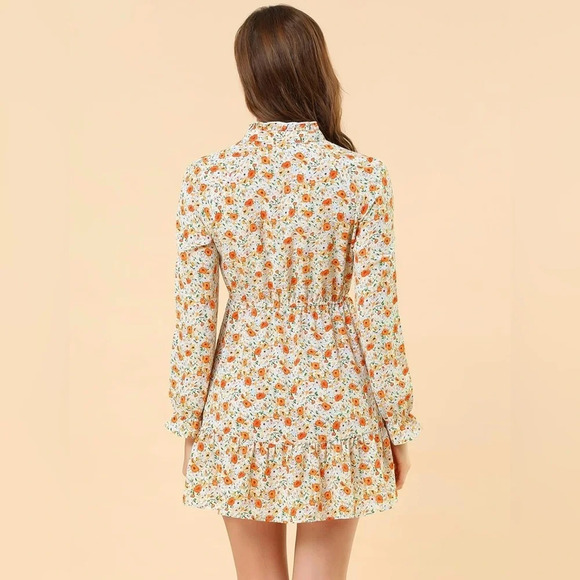Allegra K Women's Tie Neck Long Sleeve Elastic Waist Ruffle Hem Floral‎ Dress - Picture 7 of 7